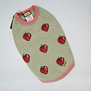 GUCCI Red Strawberries Green Stripe Pink Trim Wool Pet Sweater Sz Medium $480